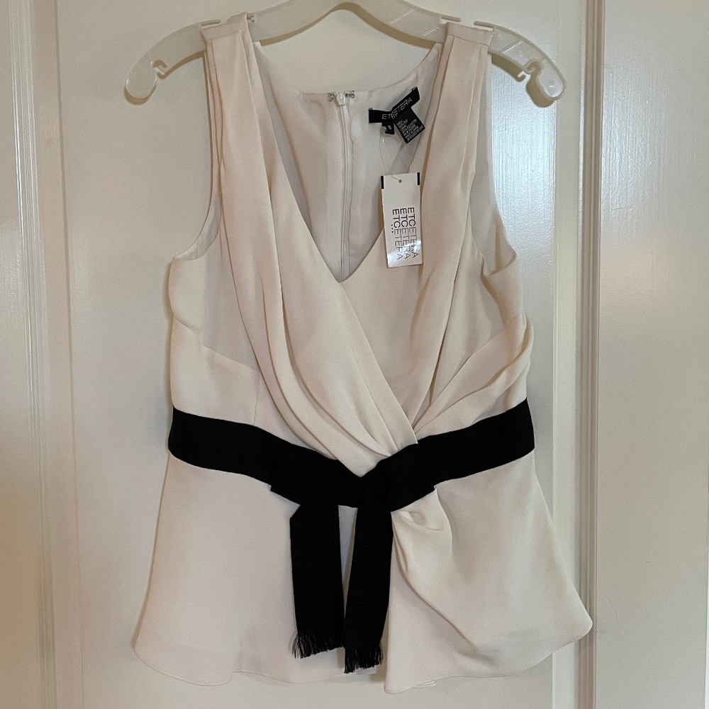 NWT white crepe top with a black ribbon sash - Picture 1 of 4